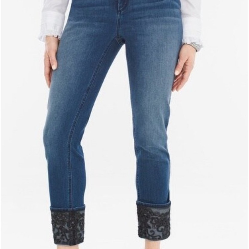 CHICOS So Slimming Sequin Lace Cuff Girlfriend Jeans Size 1.5 US  us size 10 .